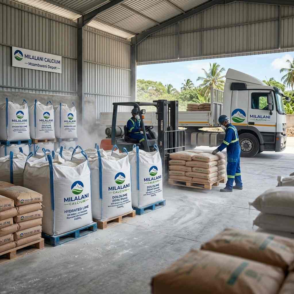 Warehouse interior with jumbo bags of Milalani Calcium lime products and loading dock at Msambweni depot