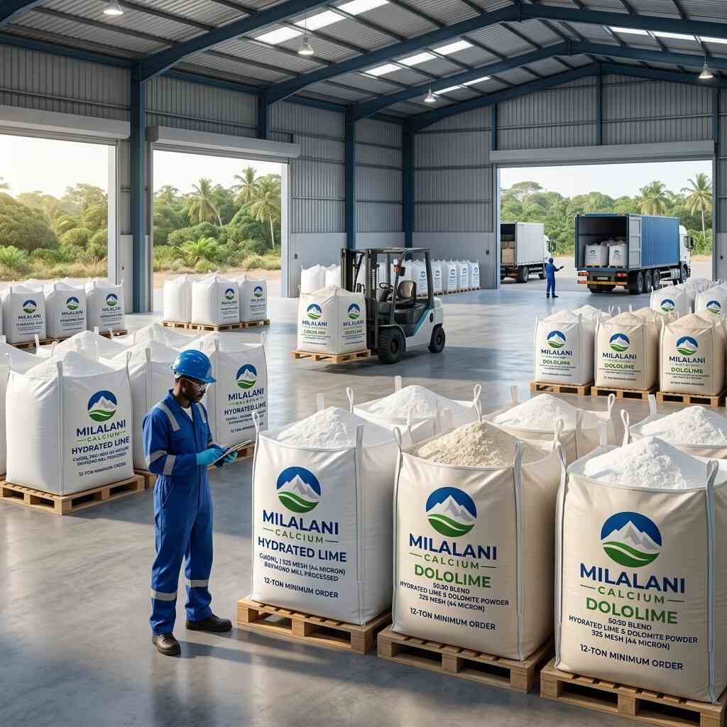 Worker checking stock of jumbo bags inside Milalani Calcium warehouse during collection process at Msambweni depot